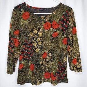 90s Vtg Top 1X Textured Dark Floral Elbow Stretch Romatic Fairycore Witchy Y2K